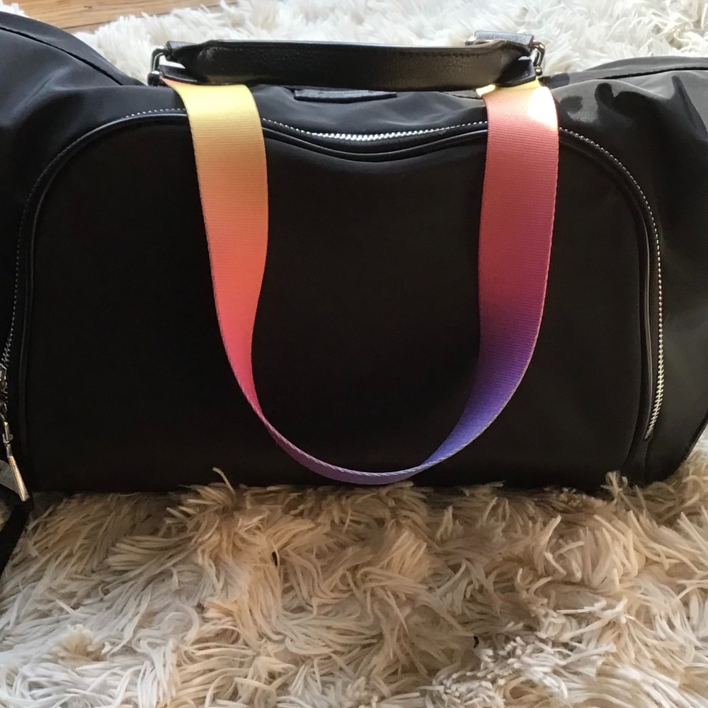 Aimee Kestenberg black nylon like  tote, rainbow straps, leopard print lining